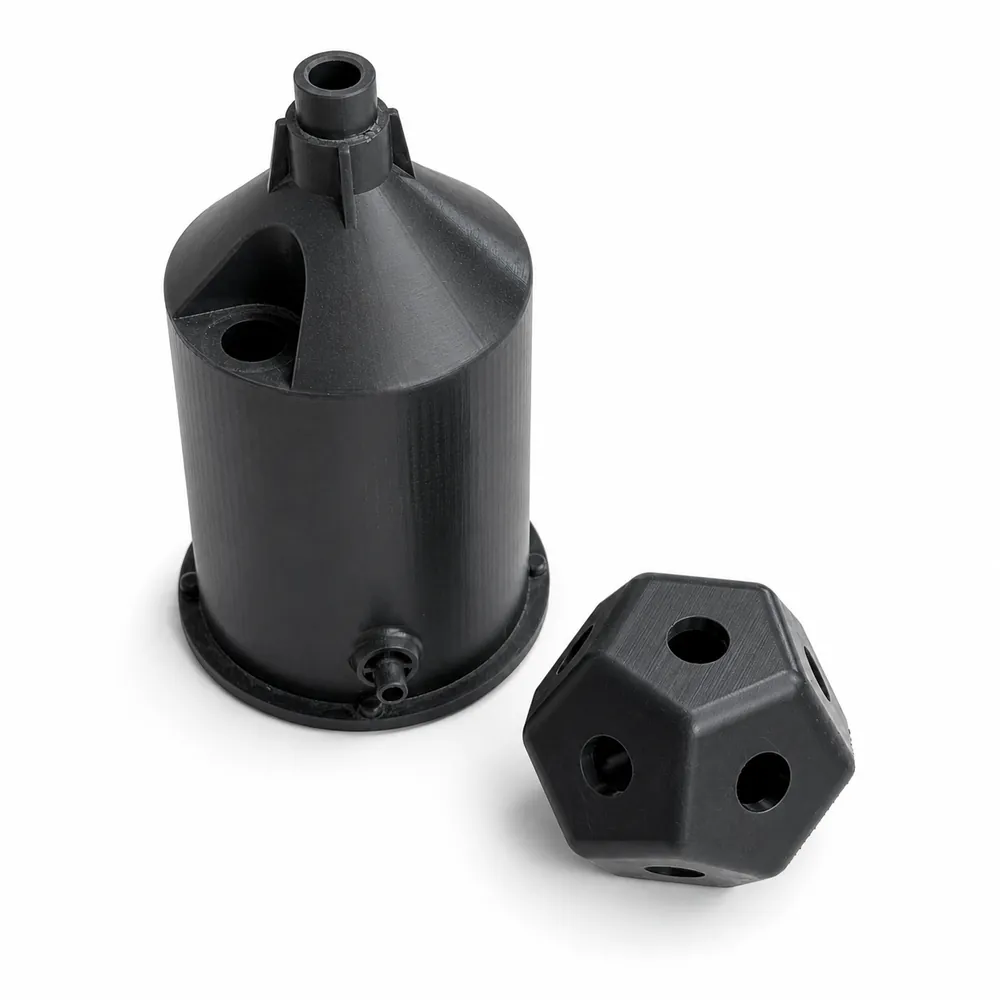 Black engineering polymer components with integrated housings, openings and functional geometry.