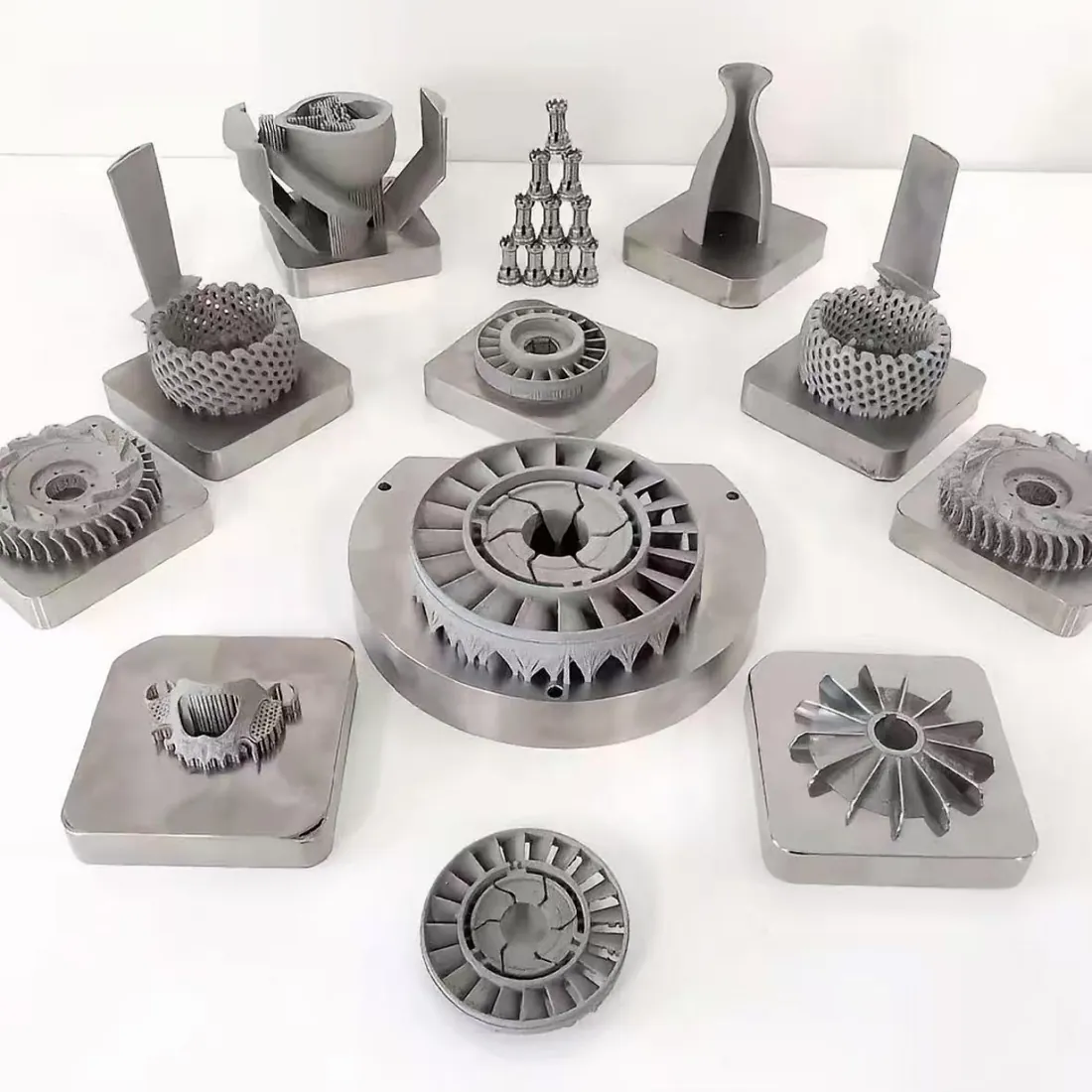 Collection of metal additive-manufactured components showing fins, lattice geometry and integrated forms on build plates.