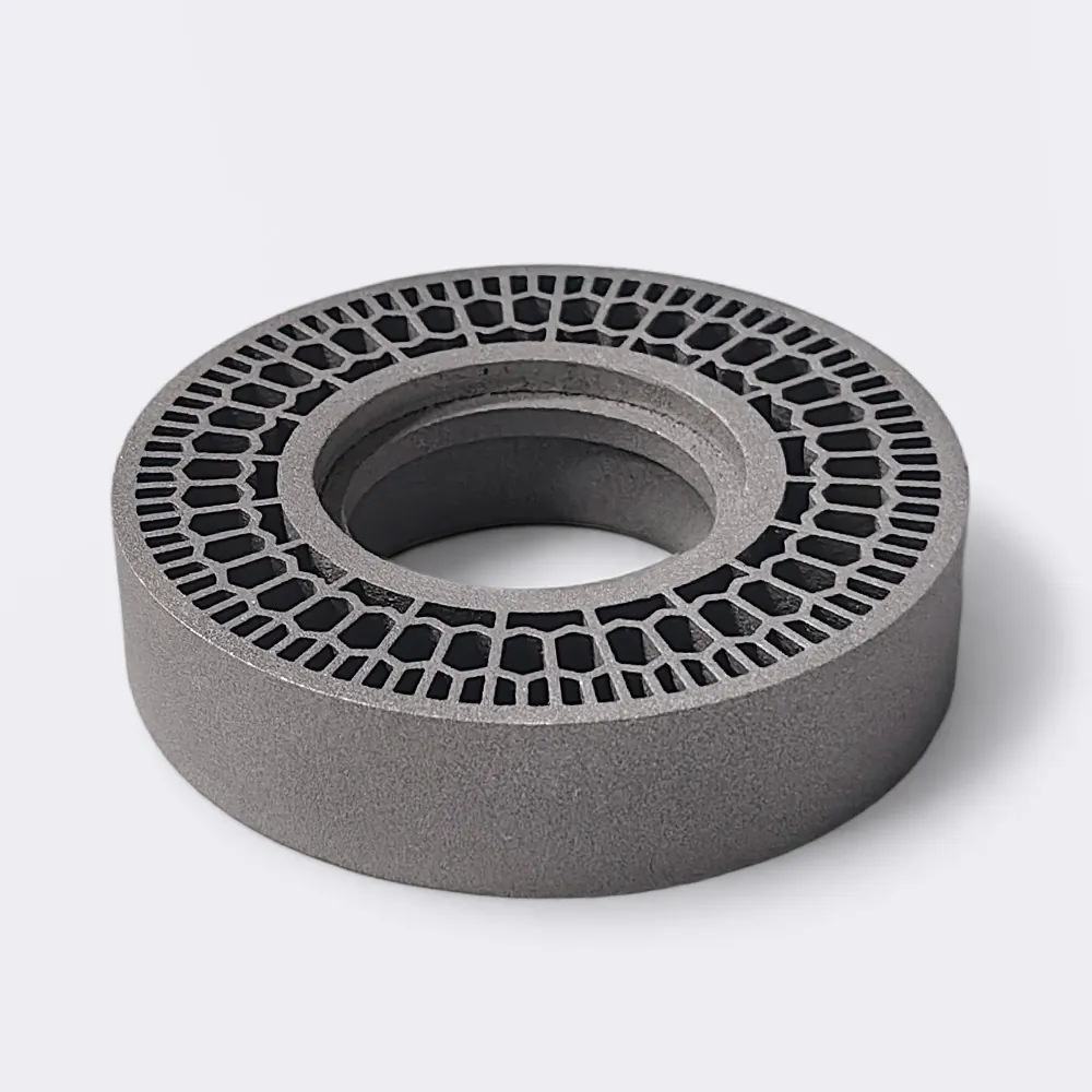 Sandblasted circular metal additive component with fine open internal geometry.