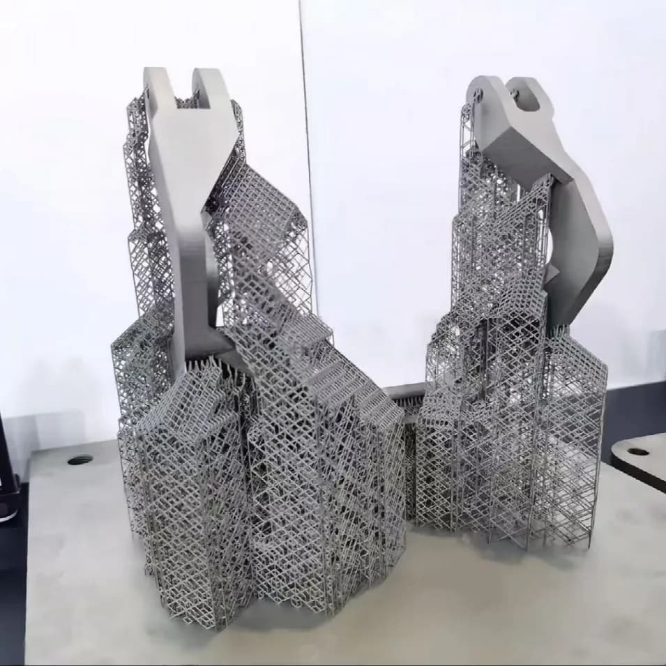 Metal additive-manufactured components with temporary lattice support structures before support removal.