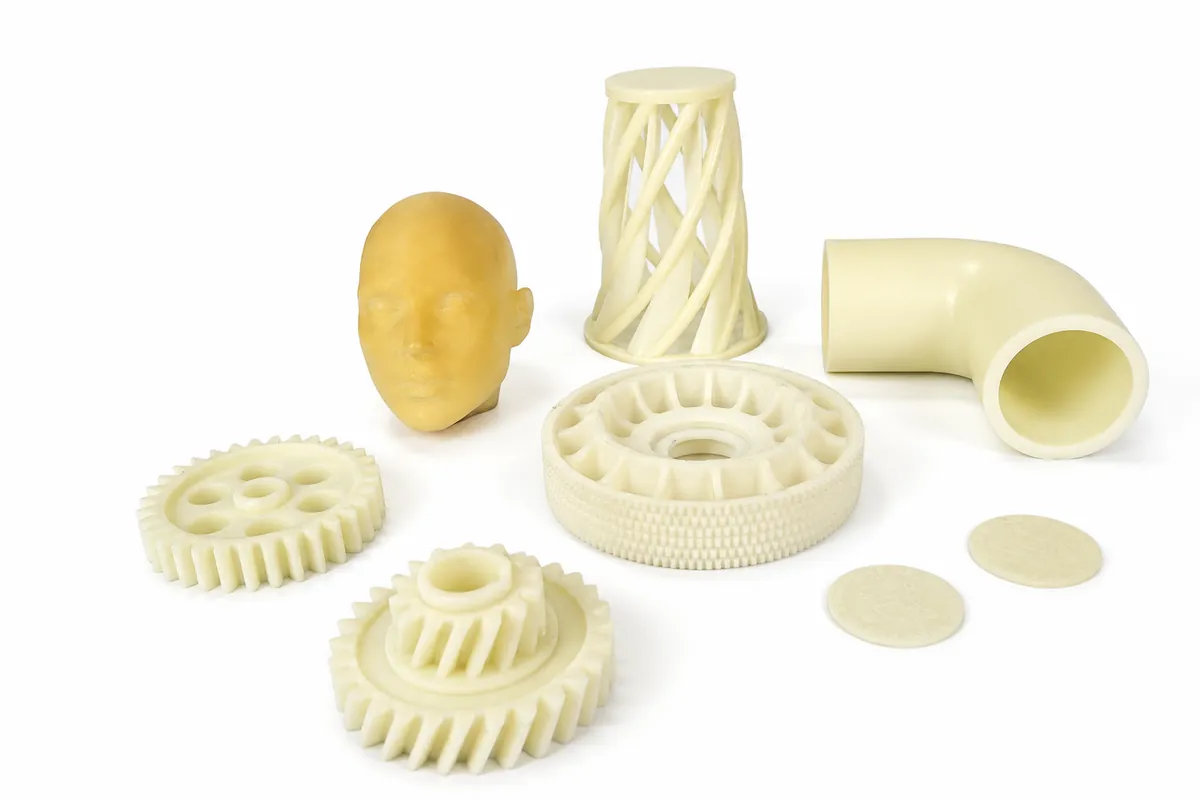 Collection of SLA resin printed gears, lattice forms and detailed prototype geometries.