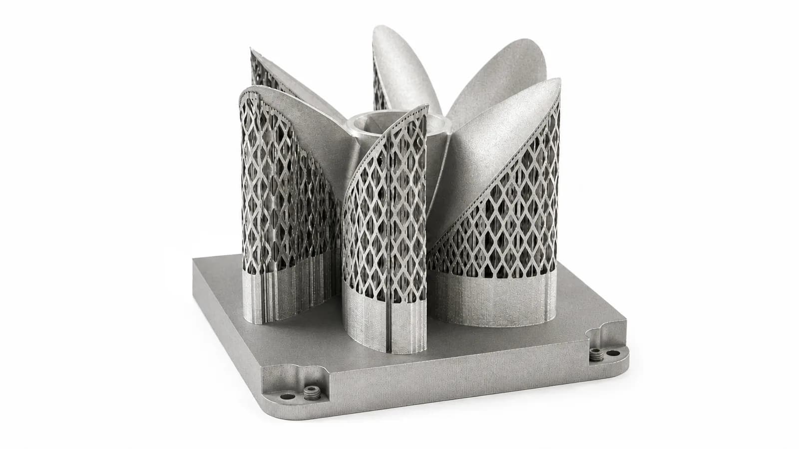Metal additive-manufactured component with lattice walls and integrated curved geometry on a build plate.