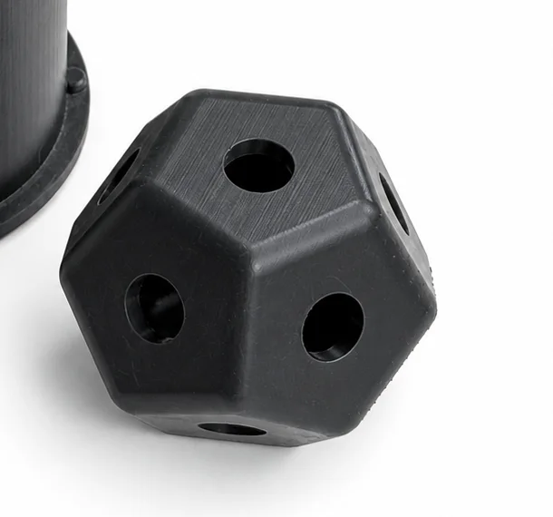 Close view of a black engineering polymer component with openings and angled faces.
