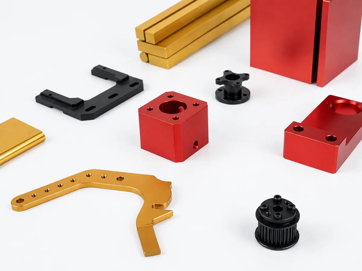 Group of multi-process machined components on a light neutral background