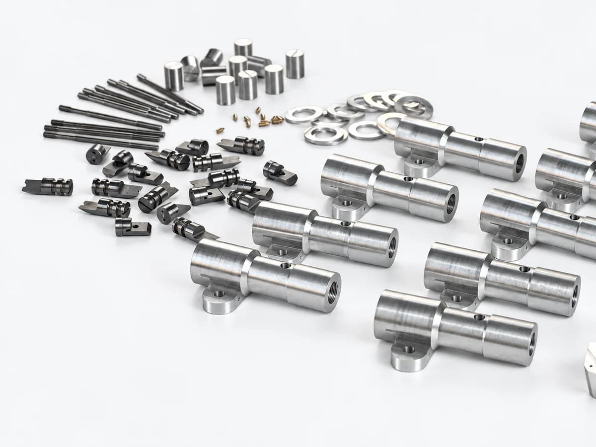 Set of repeat-production machined components on a light neutral background
