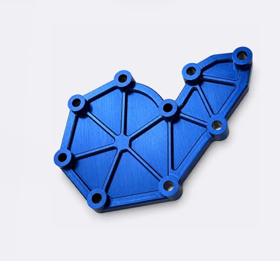 Blue anodized CNC-machined aluminum component with ribbed geometry