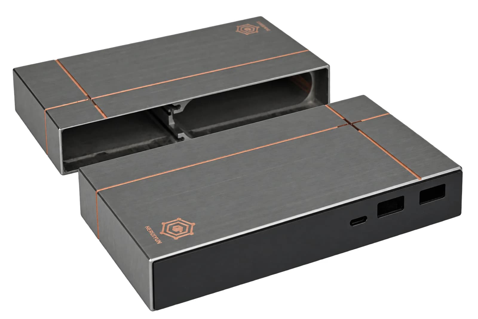 Two custom brushed-metal enclosure housings on a white background