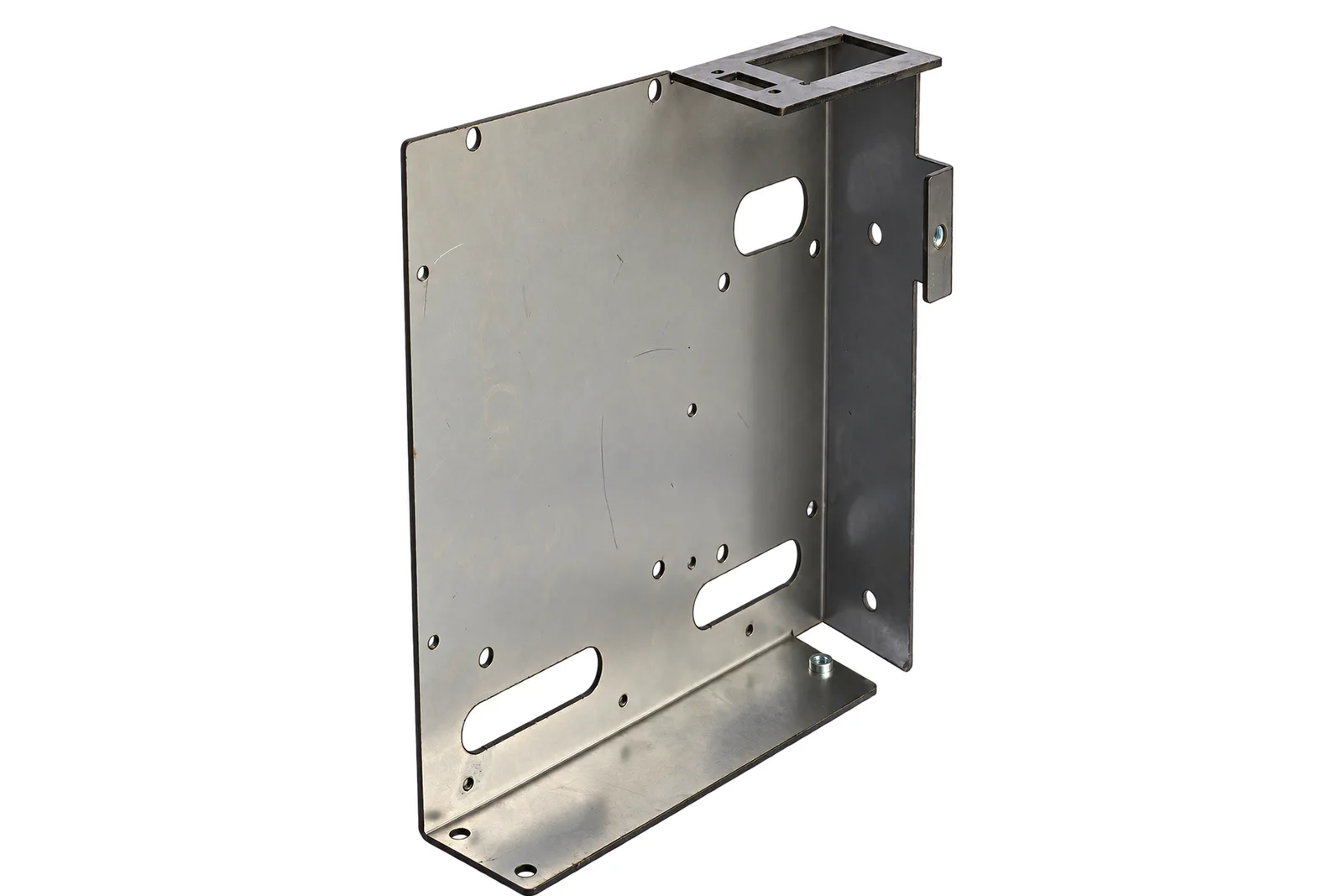 Formed sheet metal enclosure assembly panel on a pure white background