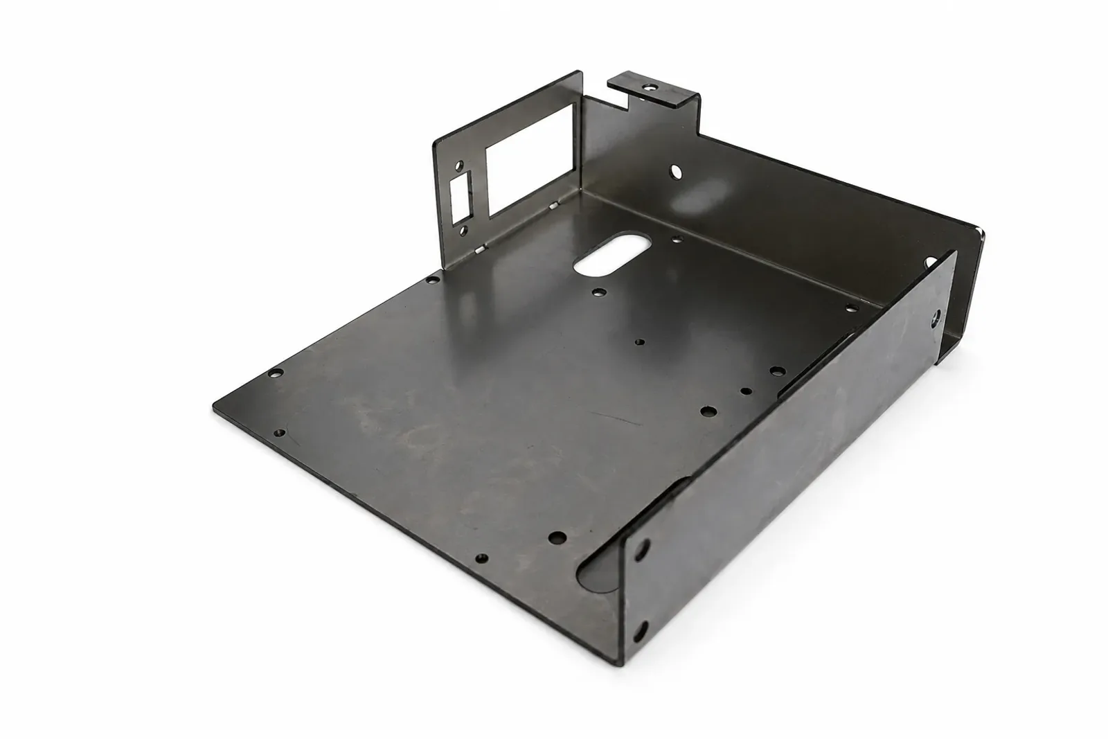Formed sheet metal chassis on a white background