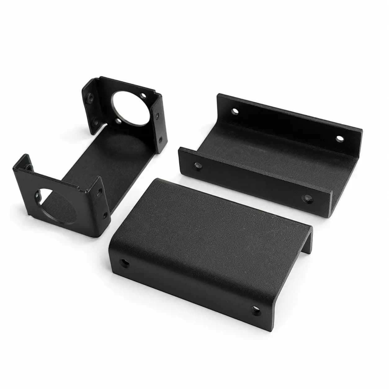 Black finished sheet-metal brackets with formed bends and mounting features