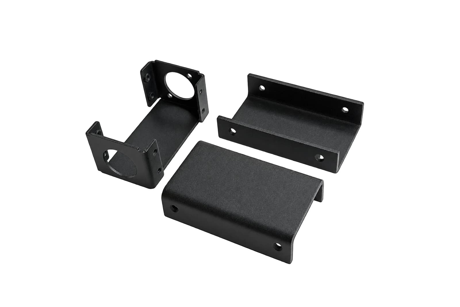 Black powder-coated sheet metal bracket and cover family on a white background