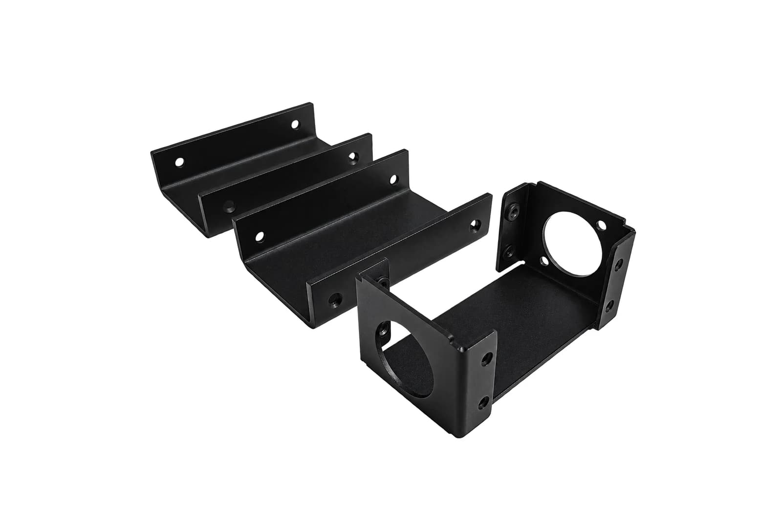 Black powder-coated formed sheet metal brackets on a white background