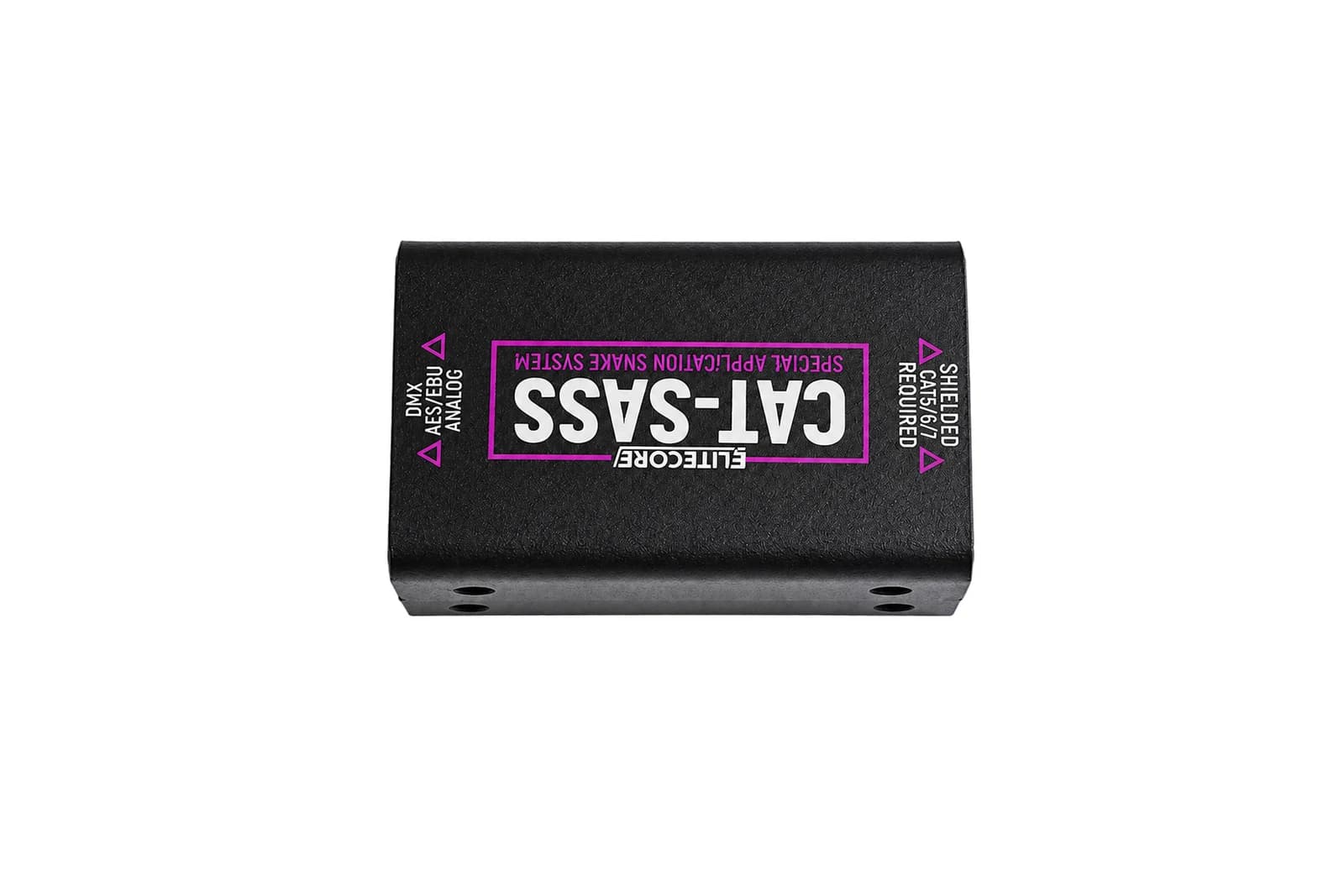 Black powder-coated sheet metal enclosure shell with printed markings on a white background