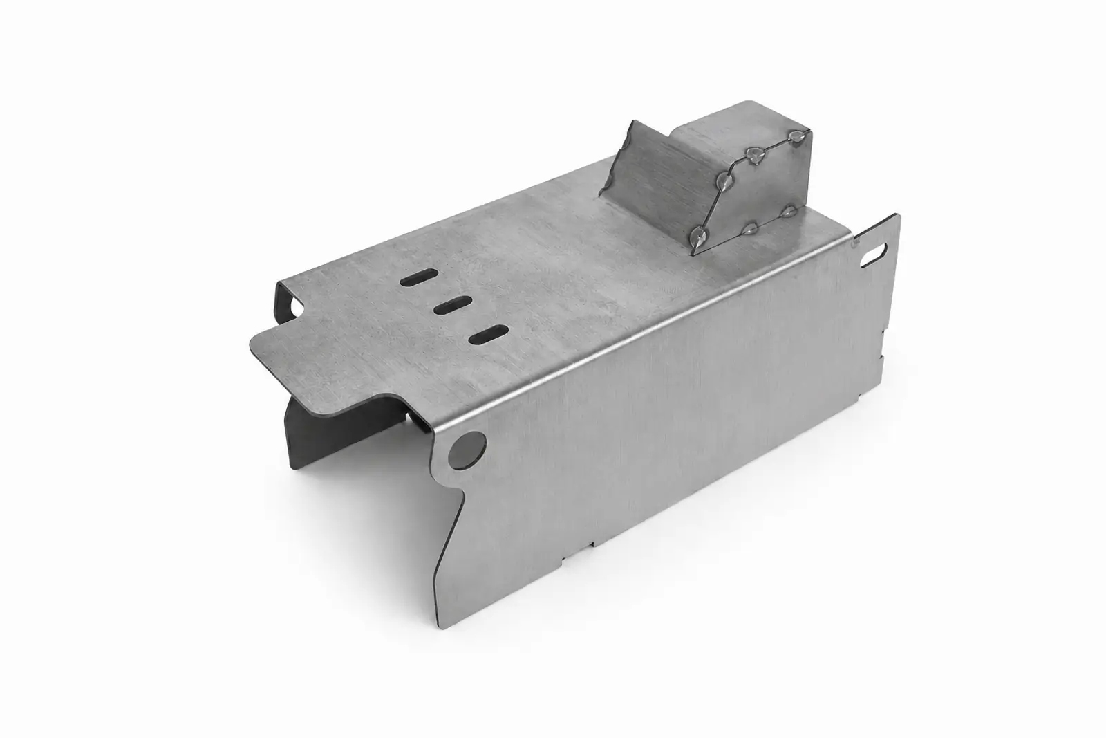 Joined sheet metal bracket assembly on a white background